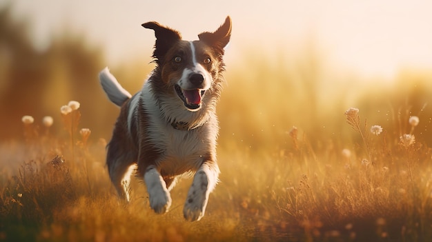Szczęśliwy pies skaczący z zachwytu przez oświetlone słońcem pole Generatywna sztuczna inteligencja