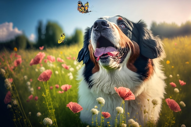 Szczęśliwy pies spaceruje po łące i łapie motyle realistyczna ilustracja Generative AI