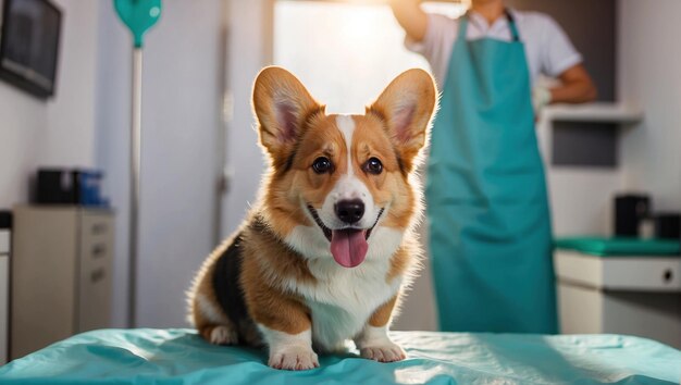 Szczęśliwy pies u lekarza Szczepienie zwierząt w klinice weterynaryjnej przez weterynarza