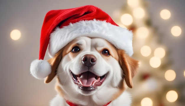 Szczęśliwy pies w czerwonym kapeluszu Świętego Mikołaja patrzy radośnie prosto do kamery.