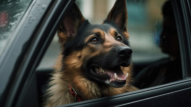 Szczęśliwy pies w oknie samochodu fotorealistyczny generowany Al