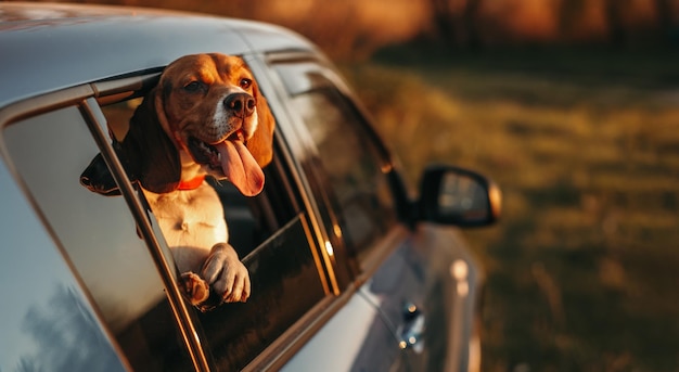 Szczęśliwy pies w samochodzie na wsi