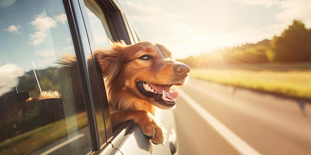 Szczęśliwy pies wyglądający przez poruszające się okno samochodu na drodze