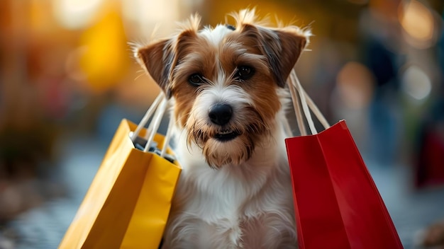 Szczęśliwy pies z torbami na zakupy odzwierciedla radość i zadowolenie z udanej wycieczki na zakupy Koncepcja Zwierzęta zakupy Szczęście radosne chwile Właściciele psów