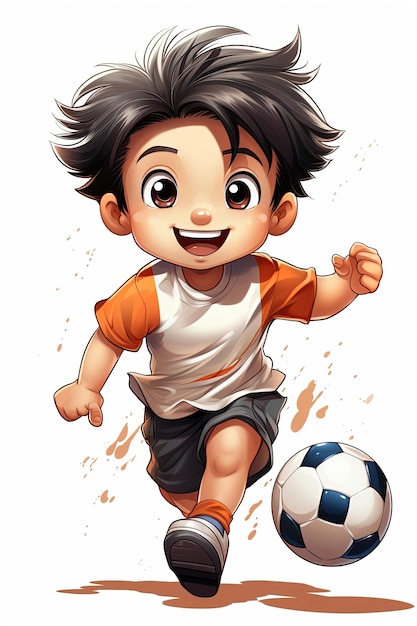 szczęśliwy piłkarz chłopiec biegający z piłką na białym, odizolowanym tle Postać z kreskówki