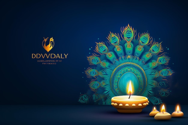 Szczęśliwy plakat Diwali z lampą Diya i pawiem