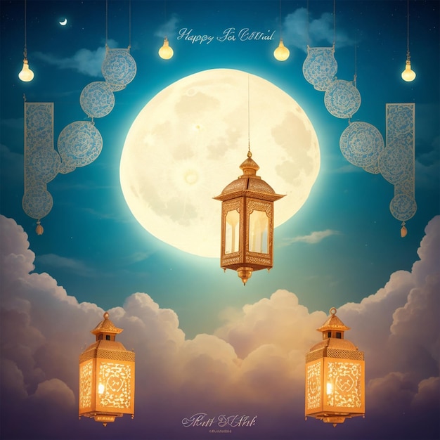 Szczęśliwy plakat Eid AlFitr z tłem latarni księżyca i chmur