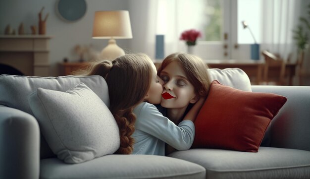 Szczęśliwy pocałunek i uścisk w dniu matki na kanapie w salonie, miłość i wspólny relaks Generacyjna sztuczna inteligencja
