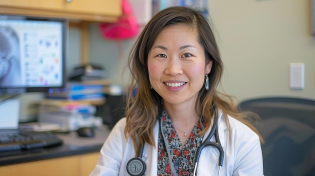 Szczęśliwy portret azjatyckiej lekarki ze stetoskopem w jej biurze w klinice