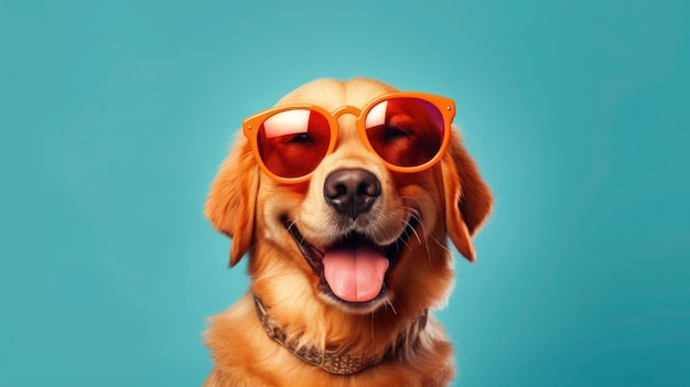 Szczęśliwy portret psa Golden Retriever patrząc na kamerę odizolowaną na niebieskim tle studia gradientowego