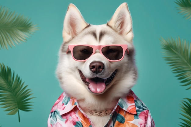 Szczęśliwy portret psa Husky syberyjski w okularach przeciwsłonecznych i koszuli na niebieskim tle studia gradientowego