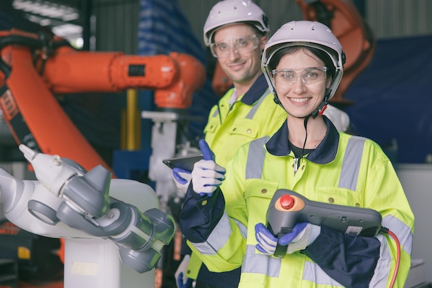 Szczęśliwy portret zespołu inżynierów, kciuki do góry, cieszą się współpracą w nowoczesnej fabryce metali z ramieniem robota