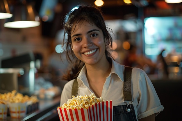 Szczęśliwy pracownik serwujący popcorn w kinie za pomocą sztucznej inteligencji