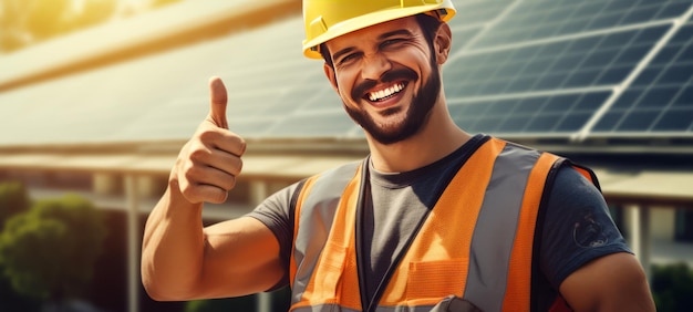 Szczęśliwy pracownik wystawia kciuki za korzystanie z paneli słonecznych i uśmiecha się do kamery