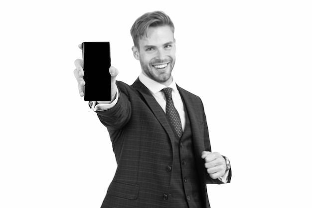 Szczęśliwy Prawnik W Formalnym Stylu Trzyma Nowoczesne Urządzenie Mobilne Telefonu Na Białym Smartfonie