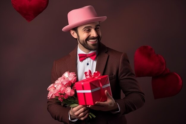 Zdjęcie szczęśliwy przystojniak trzyma czerwone i różowe pudełko z prezentami na walentynki w brązowym kolorze