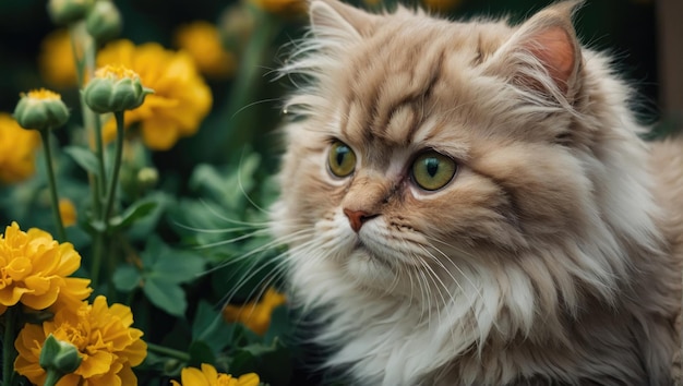 Szczęśliwy, puszysty, młody, piękny kotek otoczony świeżymi żółtymi kwiatami.