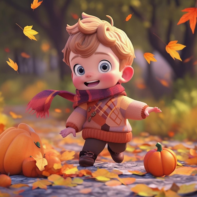 szczęśliwy radosny mały chłopiec śmieje się i bawi w jesiennym parku na spacerze natury na świeżym powietrzu