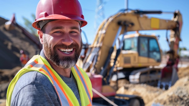 Szczęśliwy robotnik budowlany w sprzęcie bezpieczeństwa na budowie