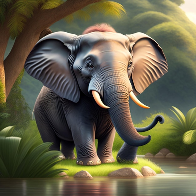 Szczęśliwy słoń z miękkimi uszami i krótką, zniekształconą trąbą