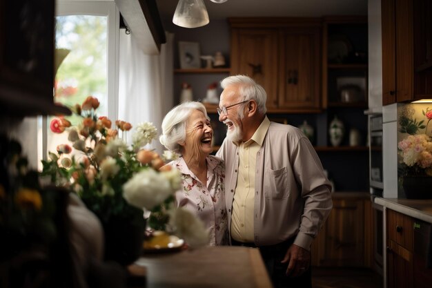 Szczęśliwy śmiech stara para żonatych rozmawiając śmiejąc się siedząc razem uściskając
