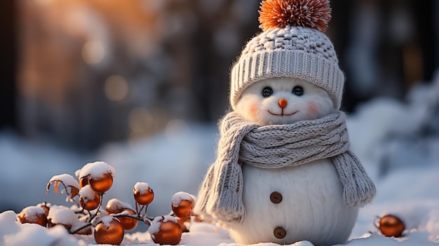 Zdjęcie szczęśliwy śnieżak stojący w zimowym krajobrazie świątecznym szczęśliwego bożego narodzenia i szczęśliwego nowego roku