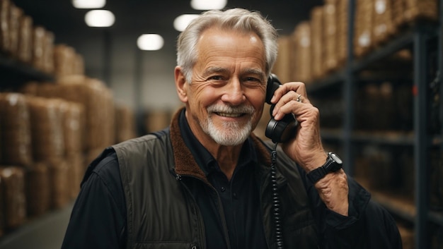 Szczęśliwy starszy biały mężczyzna w czarnej kamizelce odbierający telefon w magazynie