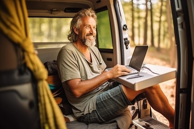 Szczęśliwy starszy mężczyzna siedzący w przyczepie użytkowej używający komputera przenośnego generatywnej sztucznej inteligencji