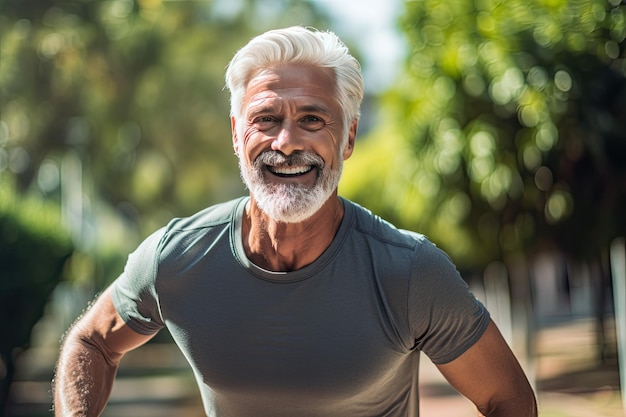Szczęśliwy starszy mężczyzna w stroju fitness biegający po parku Generative Ai