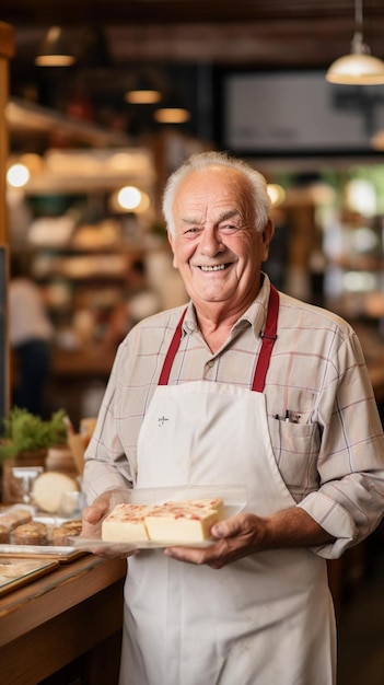 Szczęśliwy starszy właściciel kawiarni trzymający w ręku ser i mięso