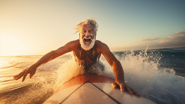 Zdjęcie szczęśliwy staruszek bawi się surfowaniem o zachodzie słońca sportowy mężczyzna z brodą trenuje z deską do surfowania na plaży obraz staruszka tak szczęśliwy, że bawi się