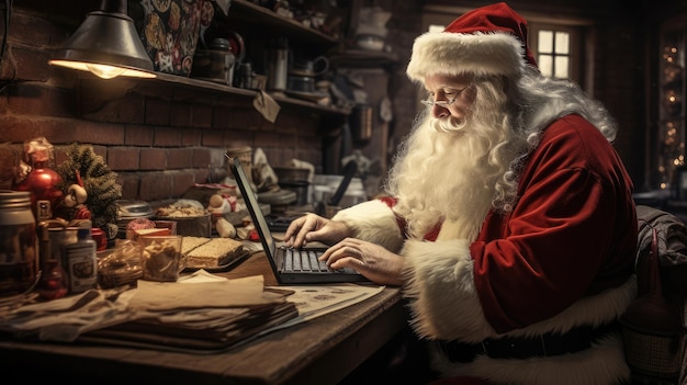Szczęśliwy stary Święty Mikołaj siedzi przy stole z laptopem czas świąteczny wakacje zakupy online sprzedaż e-commerce