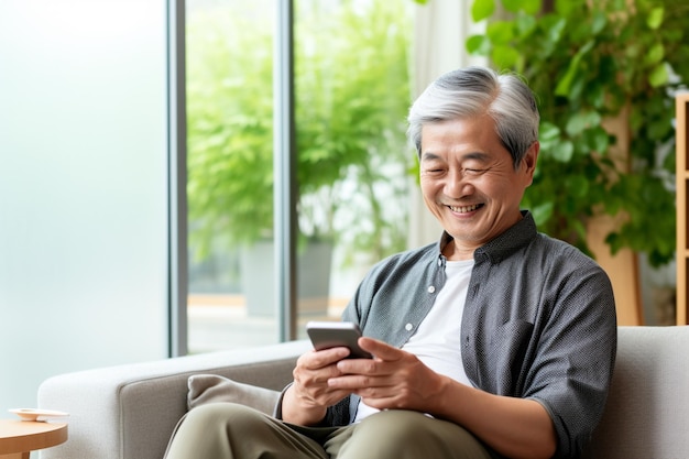 Szczęśliwy starzec korzystający ze smartfona po przejściu na emeryturę