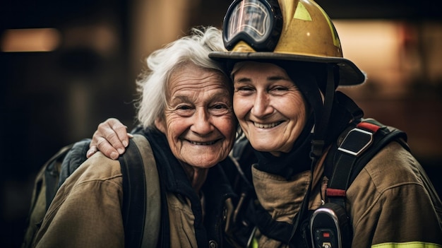 Szczęśliwy strażak z koncepcją odważnego ratowania osoby starszej, która przeżyła
