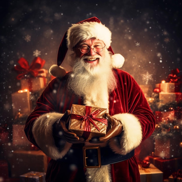 Szczęśliwy Święty Mikołaj trzymający prezenty w rękach Boże Narodzenie w tle
