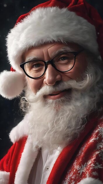 Szczęśliwy Święty Mikołaj w okularach patrzący na kamerę na ciemnym tle