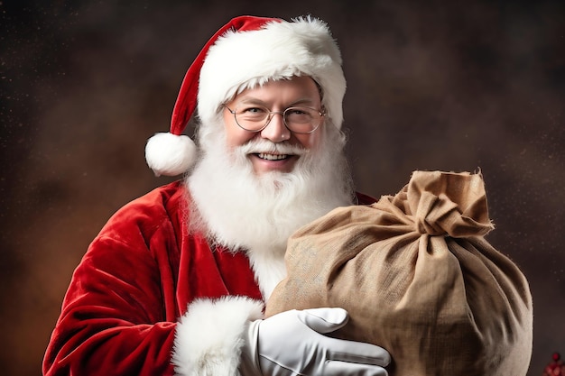 Szczęśliwy Święty Mikołaj z dużą torbą prezentów dla dzieci Koncepcja Wesołych Świąt Sylwestra Jasny obraz Świętego Mikołaja do reklamy i projektowania