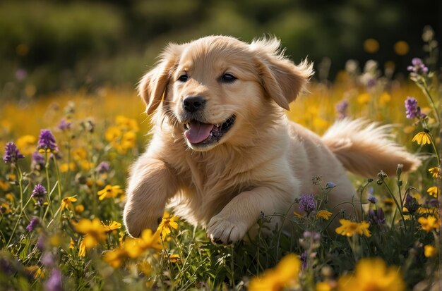 Szczęśliwy szczeniak leży wśród kwiatów.