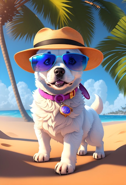 Szczęśliwy szczeniak z kapeluszem i okularami przeciwsłonecznymi na dennej plaży lato ai generował