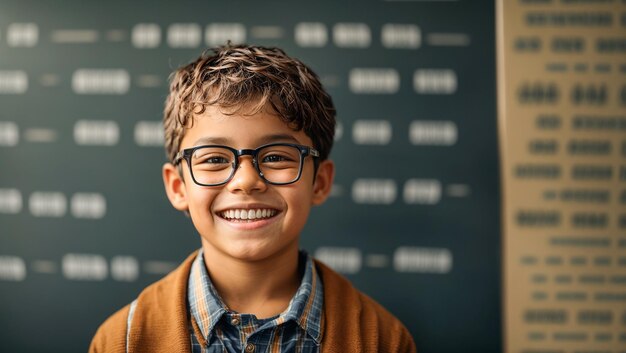 Szczęśliwy szkolny chłopiec w okularach na tle tablicy