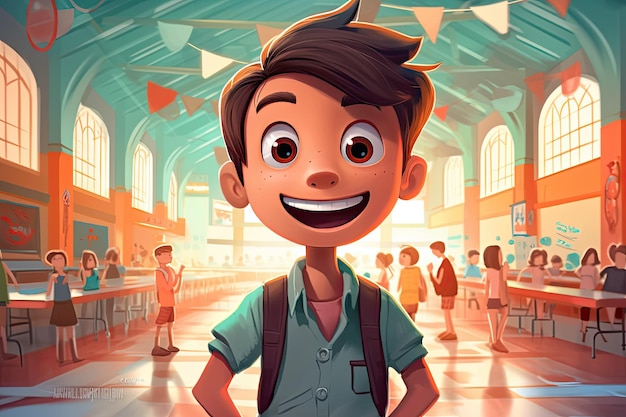 Szczęśliwy szkolny chłopiec z plecakiem w szkole Powrót do koncepcji szkoły