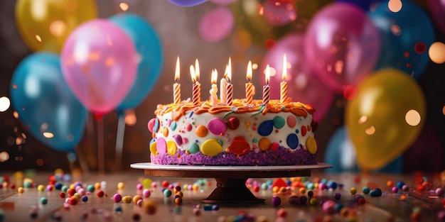 Szczęśliwy tort urodzinowy ze świecami, balonami i konfetti w tle Generative AI