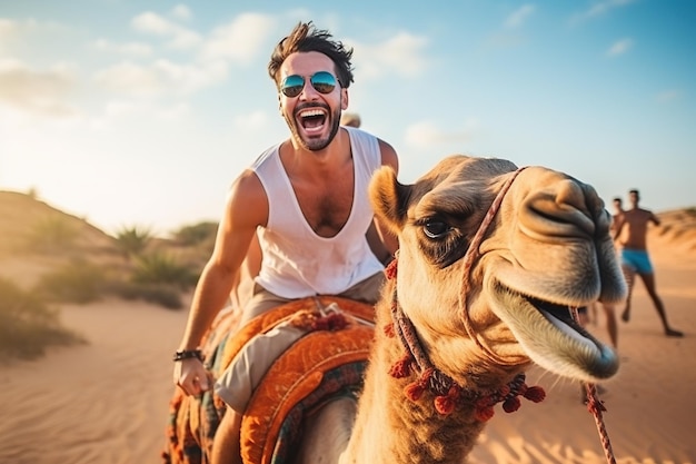 Szczęśliwy turysta bawiący się podczas grupowej wycieczki na wielbłądach po pustyni Generative AI