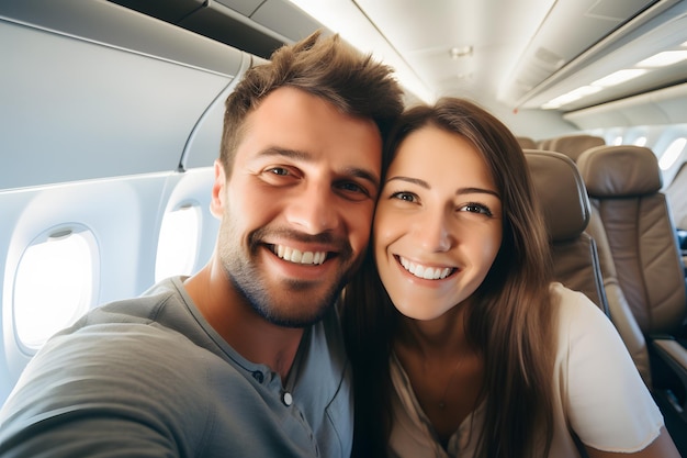 Szczęśliwy turysta robiący selfie w samolocie Koncepcja wakacji i transportu