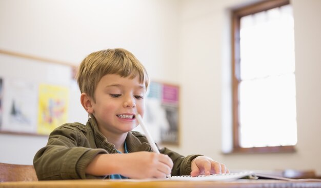 Szczęśliwy ucznia writing w notepad przy jego biurkiem
