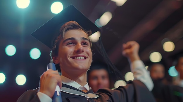 Zdjęcie szczęśliwy uroczy brunetka biały chłopiec z ukończenia szkoły uśmiecha się rozmyte koledzy z klasy są za nim on jest w czarnej desce moździerzowej z czerwoną czapką w sukience z miłymi brązowymi kręconymi włosami dyplom w ręku