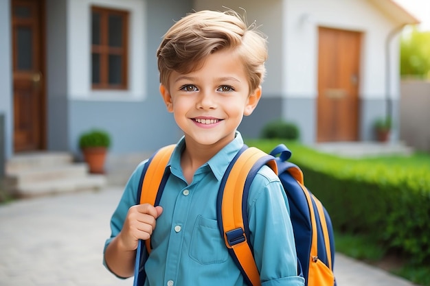 Zdjęcie szczęśliwy, uroczy chłopiec gotowy do szkoły.