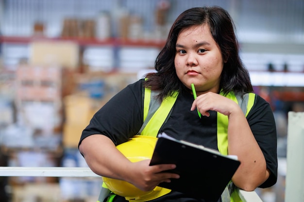 Szczęśliwy uśmiech Azjatycka otyła pracownica magazynu w kamizelce ochronnej i kasku ochronnym w fabryce magazynowej produkt przemysłowy w kartonach na półkach Plus size kobieta sprawdzająca produkty pracujące