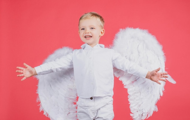 Szczęśliwy uśmiechający się mały chłopiec sobie anielskie skrzydła.