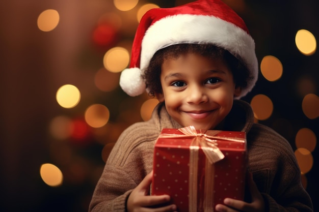 Szczęśliwy uśmiechnięty Afroamerykański chłopiec w kapeluszu Świętego Mikołaja trzymający prezent świąteczny
